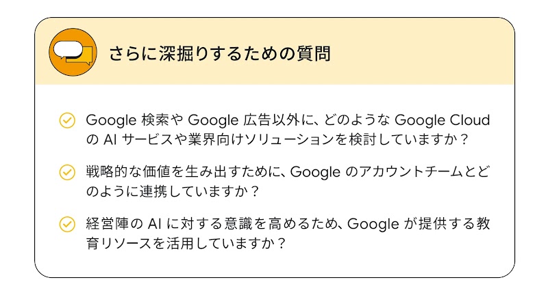 さらに深掘りするための質問：Google 検索や Google 広告以外に、どのような Google Cloud の AI サービスや業界向けソリューションを検討していますか？／戦略的な価値を生み出すために、Google のアカウントチームとどのように連携していますか？／経営陣の AI に対する意識を高めるため、Google が提供する教育リソースを活用していますか？