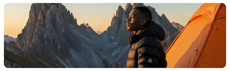 An AI-generated model with dark skin and cropped black hair is wearing a black hooded puffer jacket and sits outside an orange tent at sunset. The background is of gray spiky mountains meant to evoke the Alps.