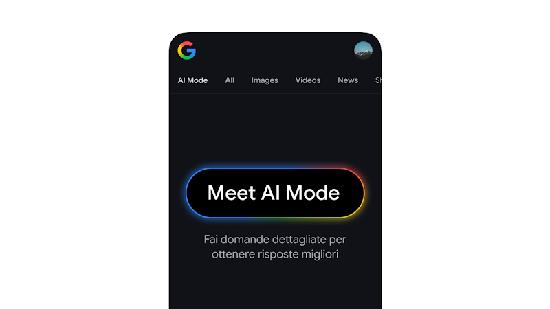 An image showing a phone screen against a white background, with words that say “Meet AI Mode” in the middle.