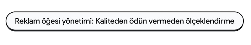 Kapsül şeklindeki metin banner'ında "Reklam öğesi yönetimi: Kaliteden ödün vermeden ölçeklendirme" yazıyor.