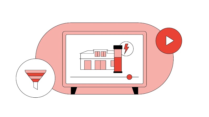 Illustration eines Bildschirms mit dem Haus aus der E.on-Serie "Haus of Power" auf YouTube und Batteriespeicher, flankiert von einem YouTube-Logo und einem nach oben zeigenden Pfeil. 