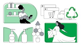 Cuatro escenas de compras navideñas, vemos a una mujer sentada delante de una estantería con regalos mirando a su teléfono móvil, un camión de transporte junto a un navegador con carrito de la compra, dos botes de crema y una mujer con bolsas en su brazo.