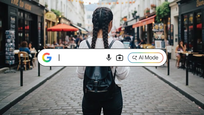 La photo montre une femme avec deux longues tresses portant un sac à dos dans une rue sur laquelle se trouvent des restaurants avec terrasses. La barre de recherche Google apparaît en superposition.