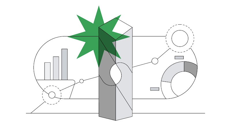 Uma barra está em destaque no centro, e se conecta com gráficos em barras e pizzas. Além disso, há uma estrela de várias pontas indicando algo importante.