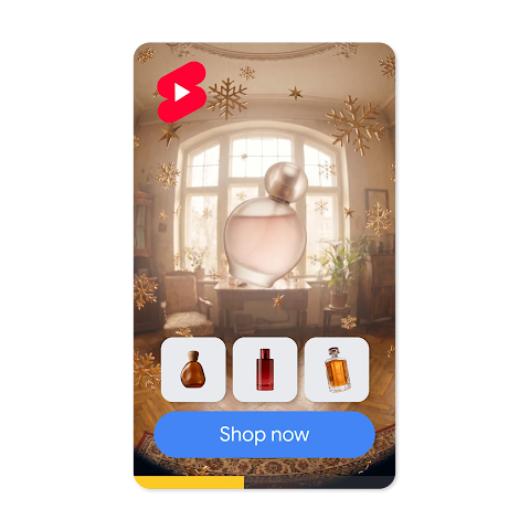 A YouTube Shorts video Ad for a perfume showing a carousel of 3 products and a button saying: Shop now.