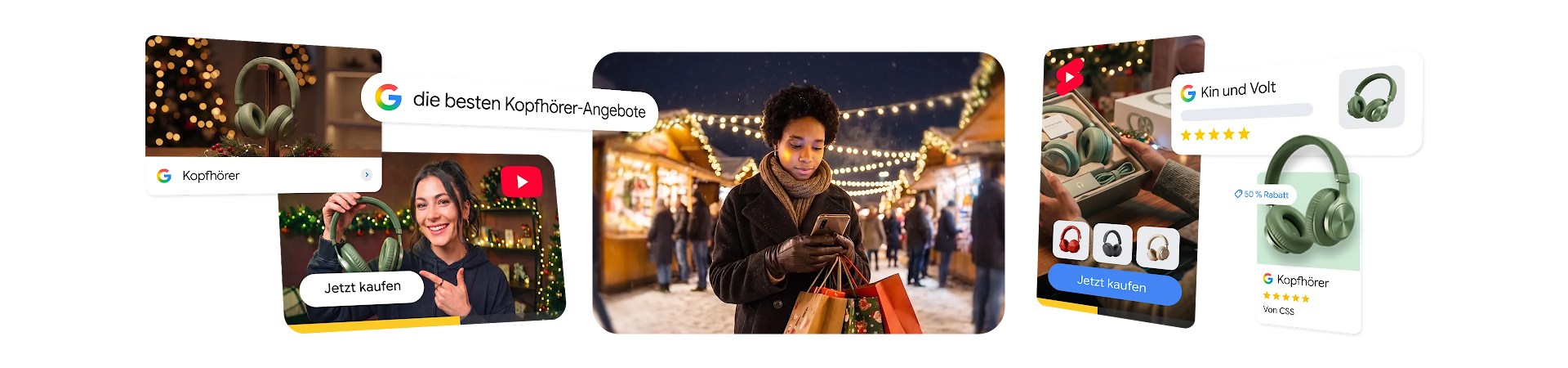 Eine digitale Collage, die den Kaufprozess in der Weihnachtszeit veranschaulicht. Eine Person auf einem Wintermarkt verwendet ein Smartphone. Um sie herum sind die Google-Suchleiste mit der Suchanfrage „die besten Kopfhörer-Angebote“, YouTube, YouTube Shorts und Google Shopping-Anzeigen für grüne Kopfhörer zu sehen.