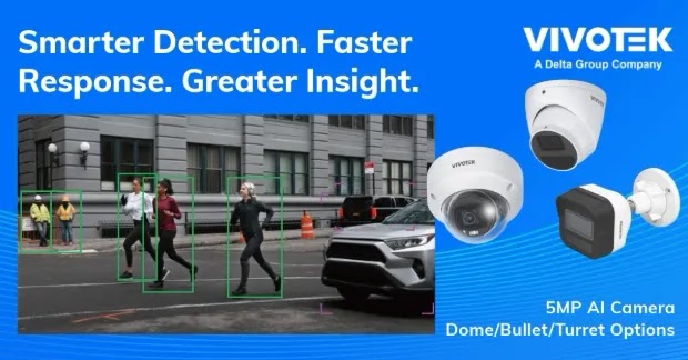 Vivotek 安防監控品牌國際市場拓展案例。藍色背景展示「Smarter Detection. Faster Response. Greater Insight.」文案，右側展示 5MP AI 攝影機產品線，包含球型、子彈型與槍型監控鏡頭。左側街道場景展示應用情境，綠色邊框標記檢測人物與車輛，強調人工智慧影像辨識技術。此案例應對品牌長線建設與網站互動效果優化挑戰。