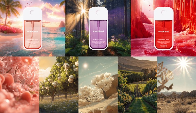 Collage generado por IA con imágenes que evocan fragancias de Touchland para cuerpo y cabello, donde se ven flores de melocotón y lichis, un campo de algodón, un viñedo, un desierto, una playa con palmeras, un bosque y una escena de fantasía cristalina.