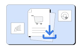 A board pinned with shopping data documents to it, a bar graph, and a donut chart. A blue download icon overlays.