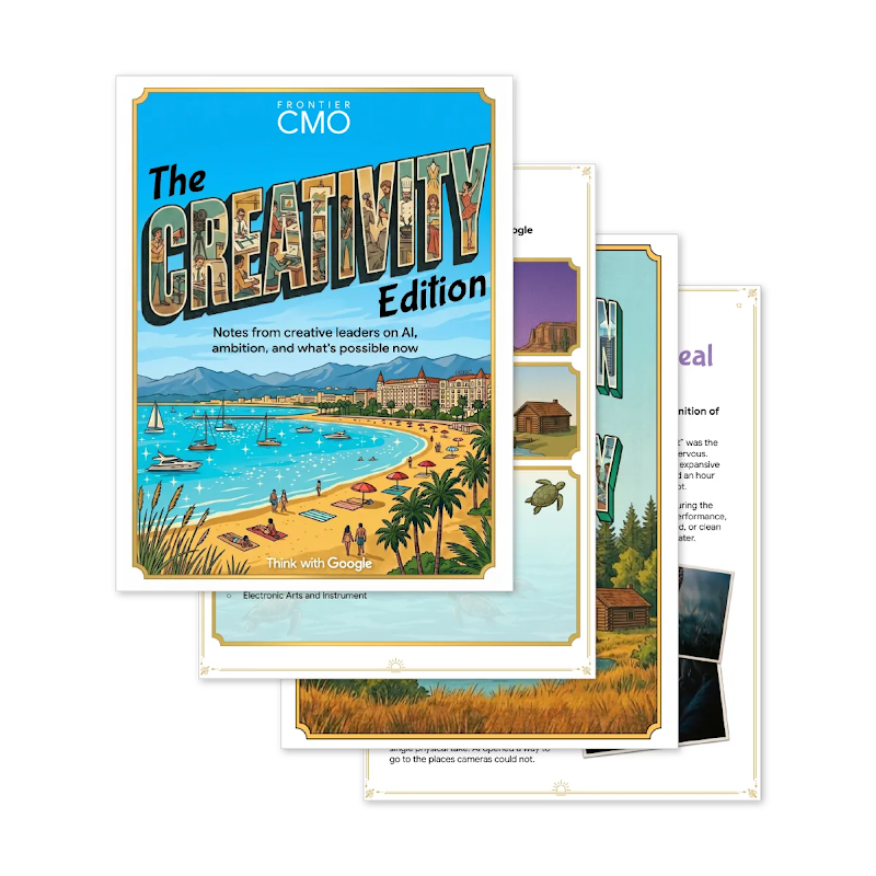 Cover of The Creativity Edition: creative leaders on AI and ambition from Frontier CMO. The title is styled like a vintage travel postcard, with creative people illustrated within the letters, above a beach resort and sailboats.