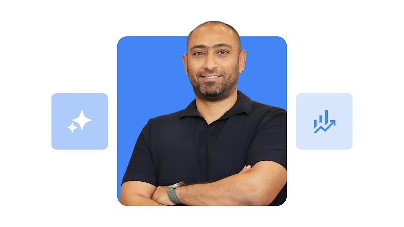 Mohamed Hussien, Marketing Director at Extra appears wearing a dark polo shirt with his arms crossed between two icons of a sparkle and an upward-trending graph. Hussien has medium-dark skin and shaved hair with a slight beard.