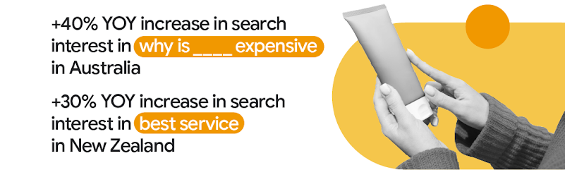 +40% YoY increase in search interest in “why is ____ expensive” in Australia. +30% YoY increase in search interest in “best service” in New Zealand.