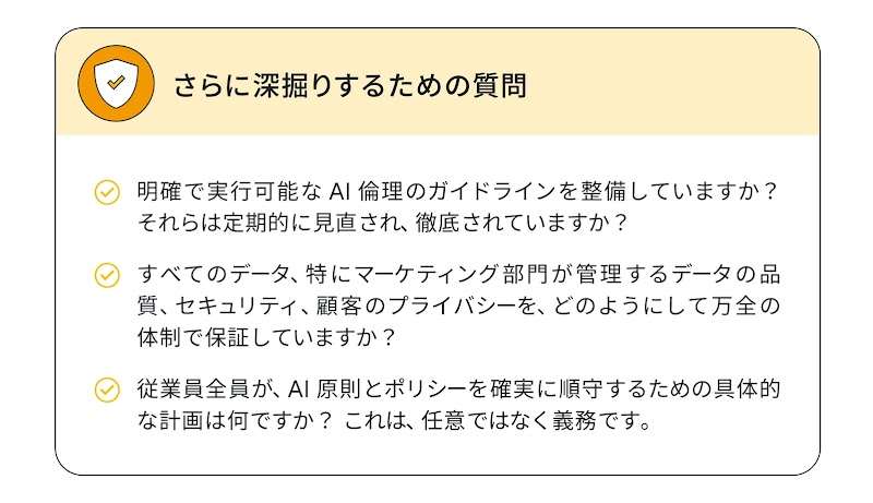 さらに深掘りするための質問：明確で実行可能な AI 倫理のガイドラインを整備していますか？ それらは定期的に見直され、徹底されていますか？／すべてのデータ、特にマーケティング部門が管理するデータの品質、セキュリティ、顧客のプライバシーを、どのようにして万全の体制で保証していますか？／従業員全員が、AI 原則とポリシーを確実に順守するための具体的な計画は何ですか？ これは、任意ではなく義務です。