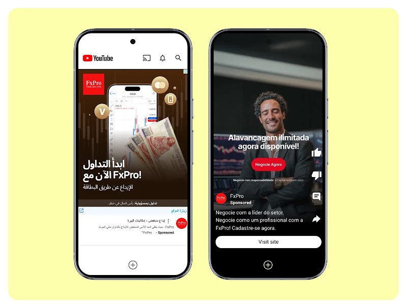 Two smartphones displaying FxPro advertisements: the left one shows a YouTube ad in Arabic about trading with FxPro, and the right one displays a sponsored YouTube Short in Portuguese promoting unlimited leverage with FxPro.