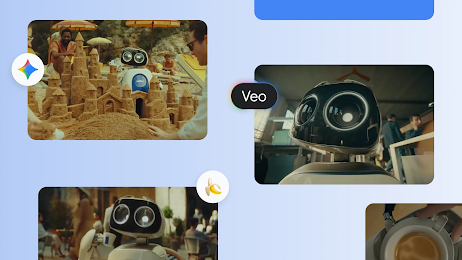 Collage di anteprime video generate dall'AI Veo. Il protagonista è Luigi un piccolo robot bianco con grandi occhi espressivi, mostrato mentre costruisce un castello di sabbia in spiaggia, lavora in un ufficio e interagisce in un caffè all'aperto.
