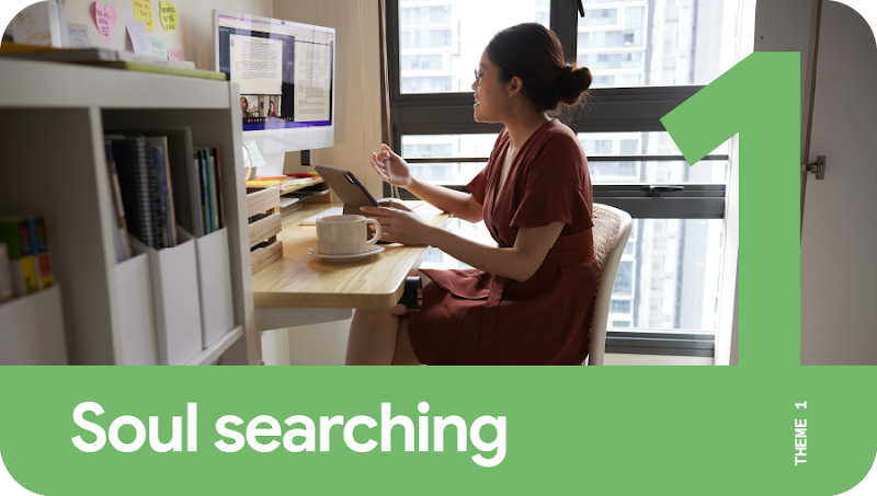 Theme 1: Soul searching. A young woman on a video call as she works from home.