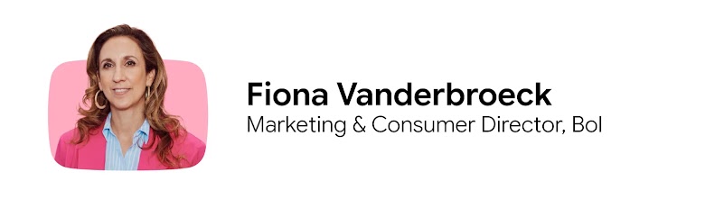 Headshot of Fiona Vanderbroeck in a pink jacket next to text reading "Fiona Vanderbroeck Marketing & Consumer Director, Bol"