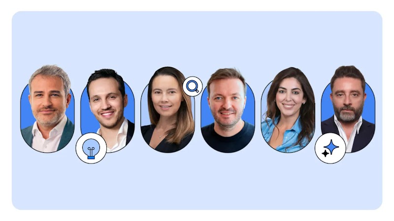 Headshots of six Google professionals — in order, Anthony Nakache, Maxim Braverman, Marie De Ducla, Vladimir Maximov, Dina Amin and Charbel Sarkis —arranged in a row with a blue background and icons of search and Gemini AI.