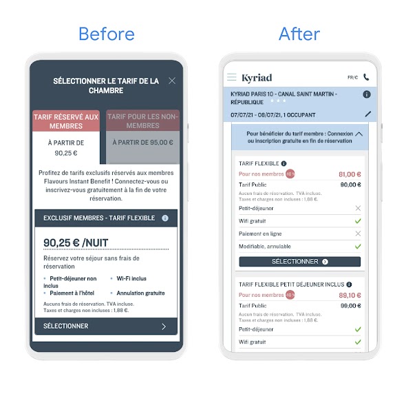 Phone screens showing before and after screenshots of the Louvre Hotels room tariff options. The ‘after’ shot shows a simplified page where member benefits and discounts are clearer.
