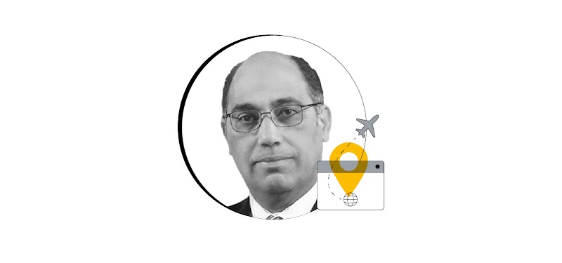 A black and white, circular headshot of Amr El-Kady, CEO of the Egyptian Tourism Authority. To the bottom right of the photo, a browser screen with an internet icon and a plane taking off. A yellow location pin overlays.