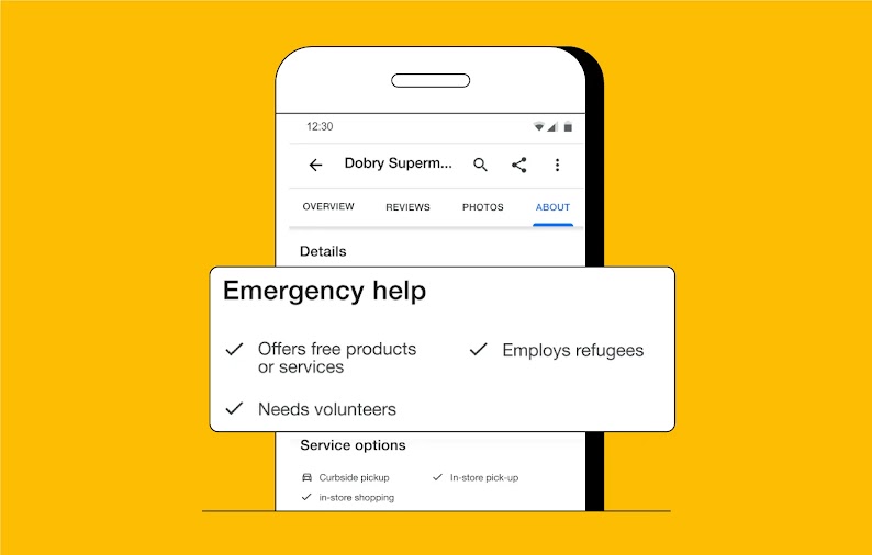 A phone screen shows that a business is offering emergency help to Ukrainian refugees. The business says it “Offers free products or services”, “Employs refugees”, and it “Needs volunteers”.