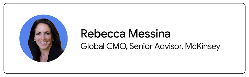 Rebecca Messina, global CMO and senior advisor at McKinsey, appears from the shoulders up. Messina has dark hair, light skin, and wears a black top.