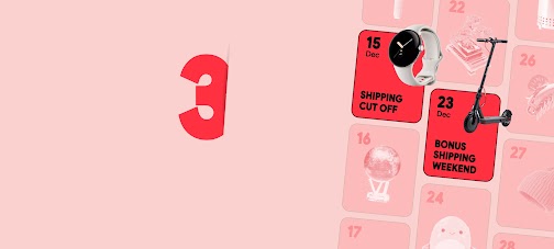 3. A red calendar grid, with a smart watch in 15 Dec Shipping Cut Off and an electric scooter in 23 Dec Bonus Shipping Weekend squares. Other holiday gifts fill the background squares.