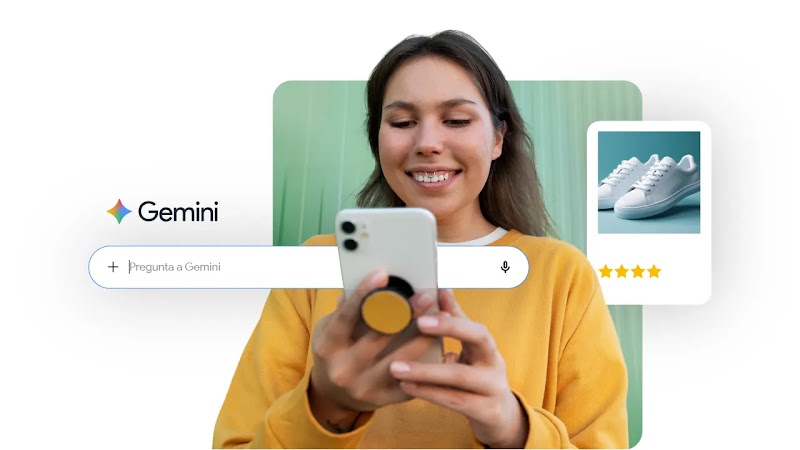 Una mujer sonríe mientras usa su teléfono inteligente. A la izquierda aparece el logo de Gemini con una barra de búsqueda que dice "+ Pregunta a Gemini". A la derecha, una tarjeta muestra una foto de tenis blancos con cuatro estrellas.