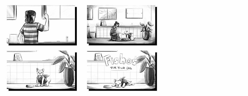 Storyboard à quatre volets pour la marque fictive Fishos : une femme ouvre un placard de cuisine. Elle nourrit à la main un petit chien portant un costume de requin. Le chien, qui est assis, regarde les utilisateurs et les utilisatrices. Il a les pattes é