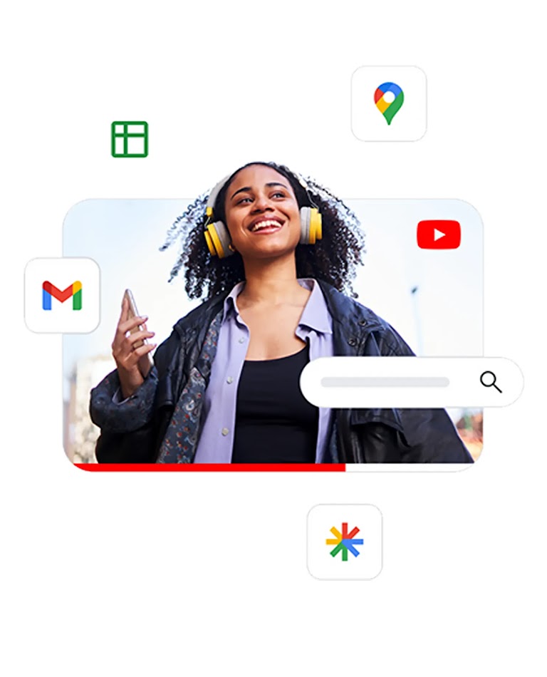 An earphone video ad surrounded by various Google product icons to represent the reach of Performance Max.