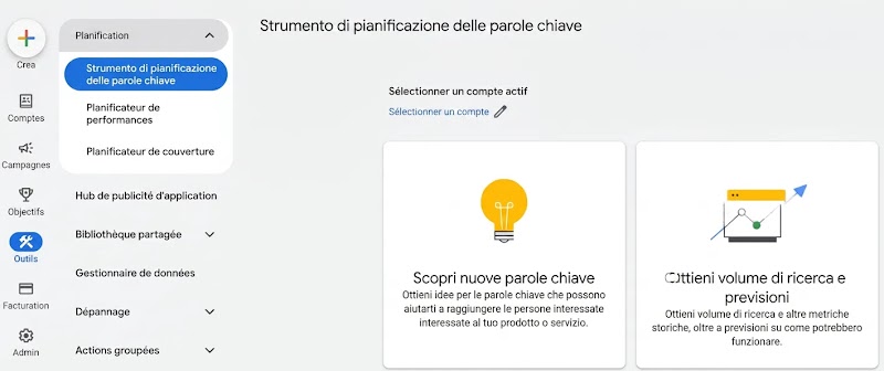 Dashboard di Google Keyword Planner che mostra la posizione nella navigazione