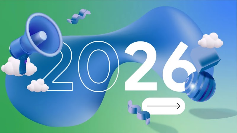 Gráfico 3D moderno con el número "2026" en blanco sobre un fondo degradado de verde a azul, rodeado de objetos flotantes como un megáfono azul, nubes blancas y formas abstractas. Un botón con una flecha indica avance