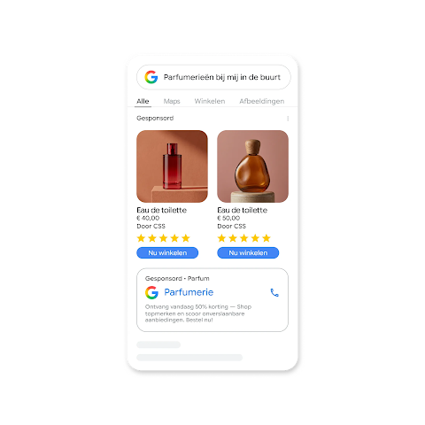 Een Google-zoekscherm op een mobiele telefoon met de zoekopdracht: "Parfumwinkels bij mij in de buurt" en in de resultaten advertenties voor parfums met namen, prijzen, 5-sterrenrecensies en een kaart met het telefoonnummer van de parfumwinkel.