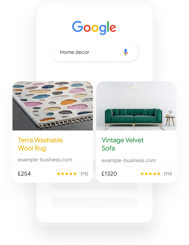 Illustration of a phone showing a Google search query for Home Decor that results in two relevant Shopping Ads.