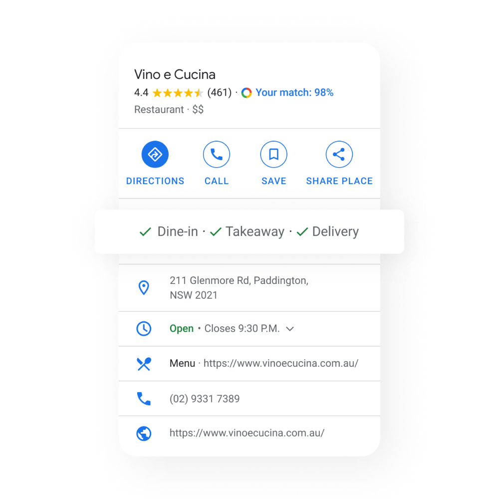 Image of a restaurant Business Profile popping out the services offered as not available dine-in and available takeaway and Delivery