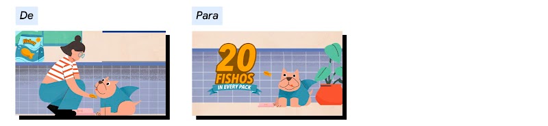 A cena de uma mulher abaixada oferecendo um biscoito para um cachorro vestido de tubarão deve ser substituída pela imagem de um cachorro olhando para a frente com uma mensagem que indica que há vinte biscoitos em cada embalagem.