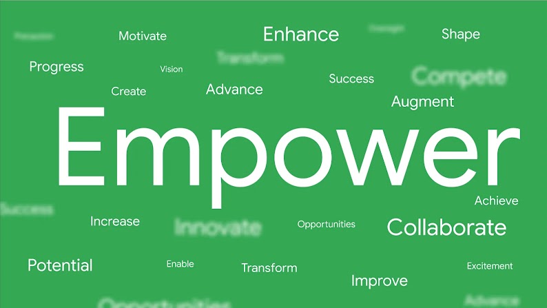 A word cloud, featuring “empower” in a large font, and in a smaller font, words such as: collaborate, potential, enhance, advance, shape, and augment.