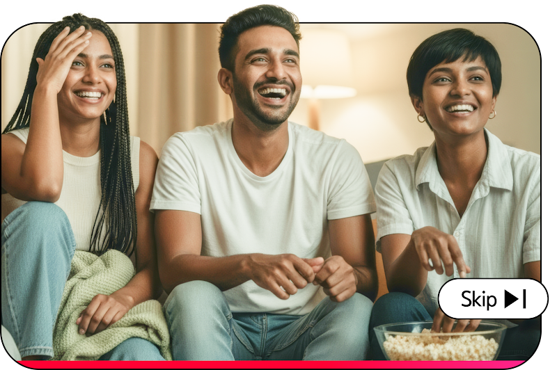 We see an image of people gathering in a living room with a skip button at the bottom