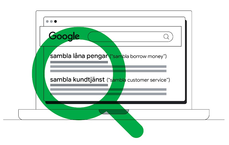 An open laptop with Google Search open on a browser. Two results, in Swedish, read: “Sambla låna pengar”, (sambla borrow money), and “sambla kundtjänst”, (sambla customer service), over ir a green magnifying glass as overlay.