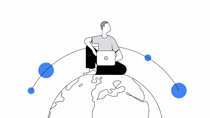 Un hombre sentado sobre un mundo. En sus manos, tiene una computadora. Alrededor del hombre, una línea curva con puntos azules grandes y pequeños.