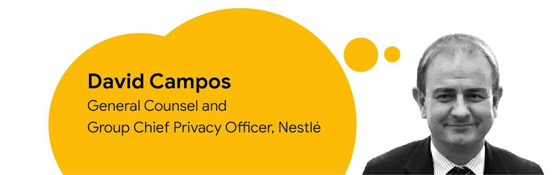 Foto de David Campos, asesor general y director de Privacidad del Grupo Nestlé, acompañado por un bocadillo azul con su nombre y cargo