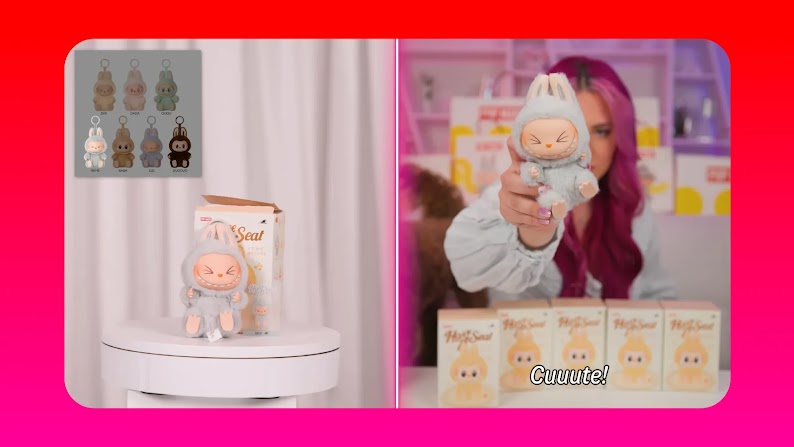 A split-screen look at Hope Allen’s Pop Mart episode. Left: A pastel blue Labubu sits on a white stool with its box. Right: Allen holds out the pastel blue Labubu toward the camera in front of her face, and a caption reads, “Cuuute!”