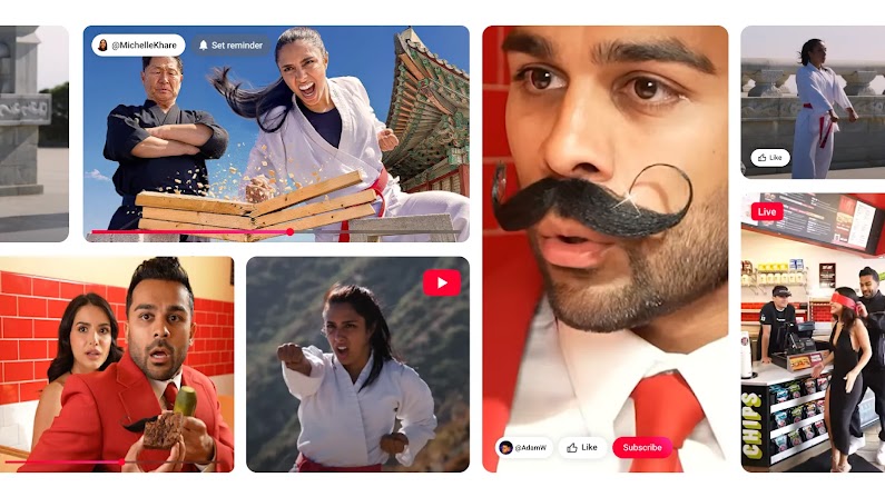 A gallery of stills from YouTube videos featuring Michelle Khare and Adam W. Khare is shown wearing a karate gi and chopping a stack of boards. Adam W is shown in a red suit and tie, and wearing an extravagent handlebar mustache.