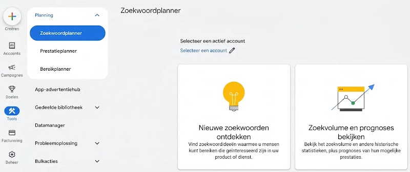 Google Keyword Planner-dashboard met locatie in de navigatie
