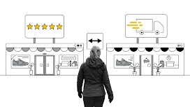 Una mujer con abrigo y guantes mira dos escaparates que parecen navegadores web donde se exponen zapatillas para correr. Una tienda tiene un cartel con una valoración de 5 estrellas y la otra tiene uno con un camión de envío rápido.