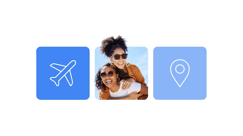 Duas mulheres negras sorrindo, entre os ícones de avião e de mapa, na cor azul.