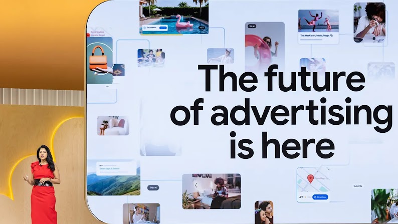 Vidhya Srinivasan, VP e General Manager, Ads and Commerce presso Google, parla dal palco del Google Marketing Live. Dietro di lei c'è un grande schermo su cui è mostrata una slide con la scritta "The future of advertising is here" (Il futuro della pubblic