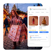 A digital graphic of a woman using her smartphone while carrying shopping bags at a Christmas market, overlaid with a mobile Google Search interface displaying sponsored perfume products and a local store ad for the query "Fragrance shops near me."
