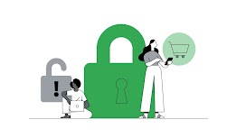 Two shoppers safely browse on privacy-safe websites in front of a large, securely locked green padlock. An unlocked gray padlock lurks in the background.