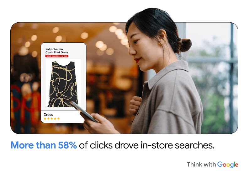 A woman sees a Salvation Army ad for a recently sold “Ralph Lauren Chain Print Dress” on her phone. A caption reads “More than 58% of clicks drove in-store searches.”